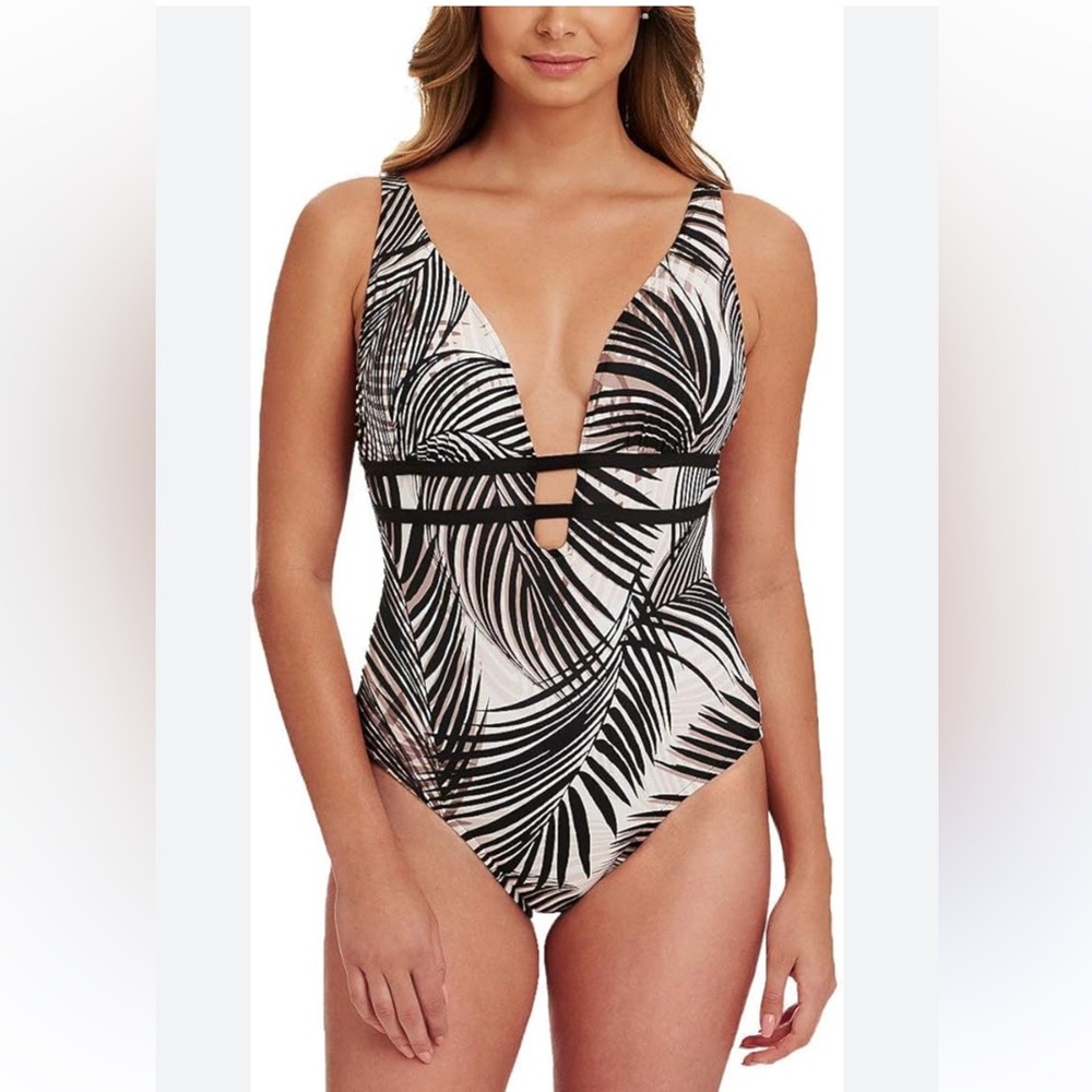 Swim Solutions Black & Tan Palm Plunge One-Piece Swimsuit